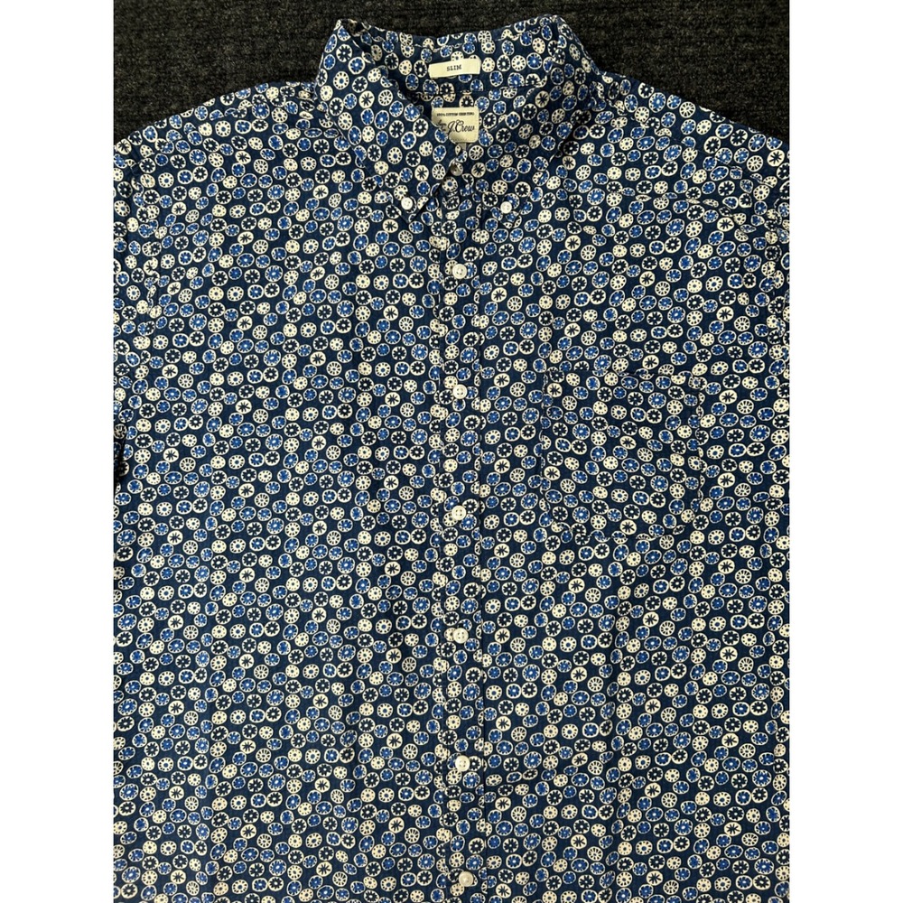 J.Crew Slim Fit Short Sleeve Button Down Shirt Blue Geometric Floral Mens XL